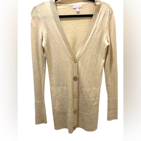 Lilly Pulitzer Heidi Gold Tan Button Up Long Sleeve V Neck Cardigan - Picture 3 of 4